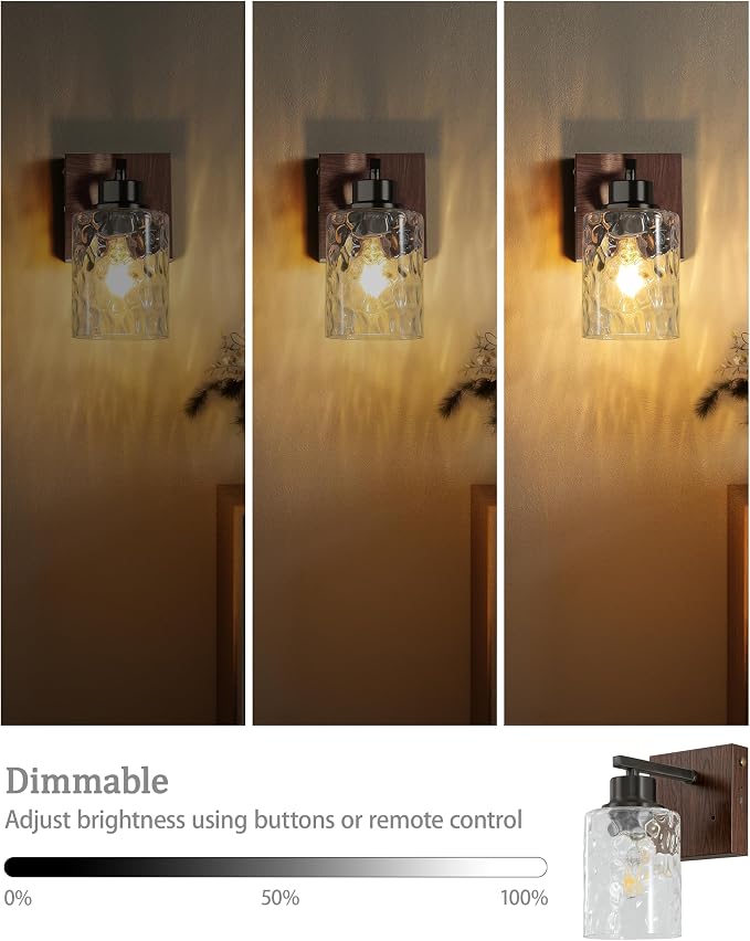 Hammered Glass Battery Operated Wall Sconces Set of Two Black & Walnut | Dimmable Rechargeable Wall Lights with Remote Timer, Easy Install Lamp for Living Room Bedroom, Emergency 3000K