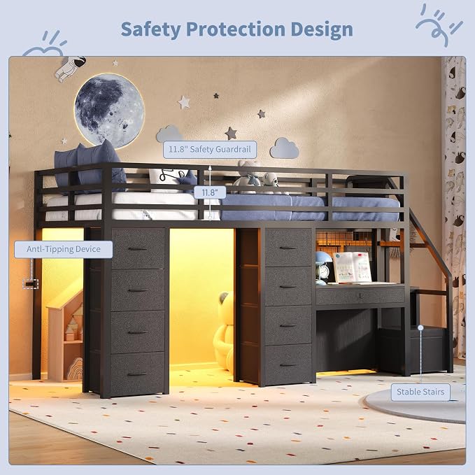 Twin Loft Bed with Desk, 12 Drawers, RGB Lights & Wide Step Stairs, Black | Built-in Power Outlet, Clothes Rack, Pockets, Display Grid, Under Bed Play Fort, 11.8''H Safety Guardrail & Ladder