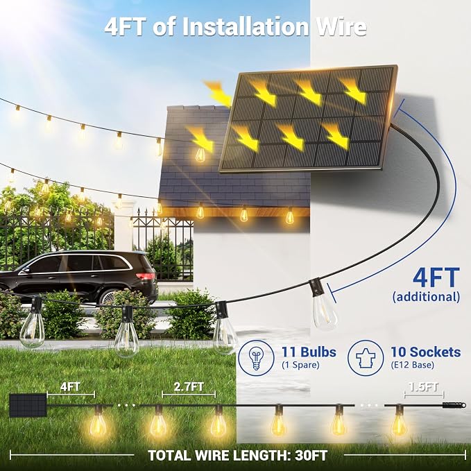 30FT Solar String Lights Outdoor Waterproof, 10+1 LED Solar Powered Lights with Remote Control, 3 Light Modes & Dimmable, USB-C Charging for Patio, Backyard, Garden, Camping