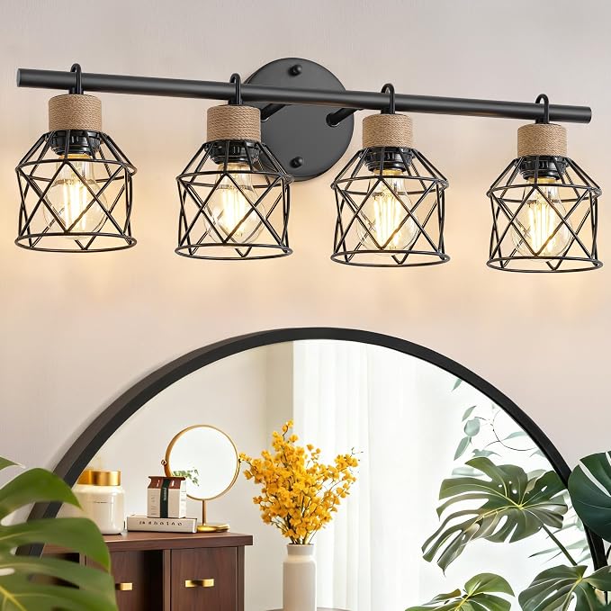 4-Light Farmhouse Vanity Light Fixtures, Bathroom Lighting Fixtures Over Mirror, Rustic Vintage Black Wall Sconces Lights with Elegant Metal Lampshade for Mirror, Bedroom, Living Room, Hallway
