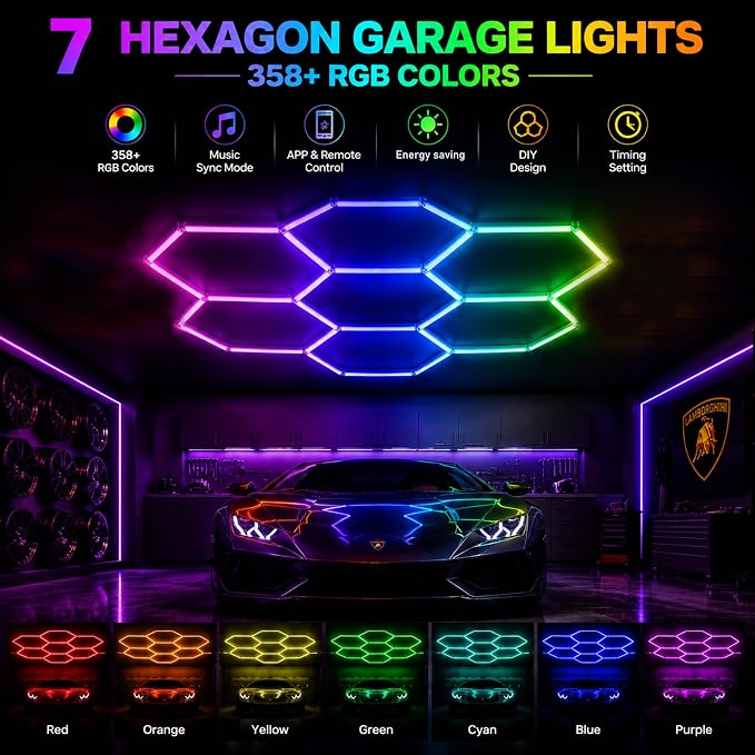 31Pack RGB 7 Hexagon LED Garage Lights - Music Sync Color Changing,App & Remote Control,358 Modes DIY Honeycomb Light for Gaming Room,Gym,Garage