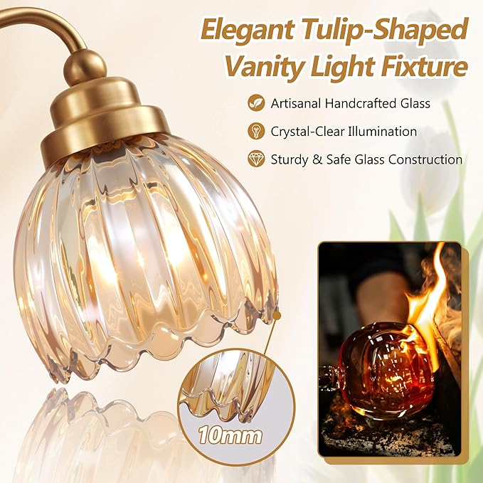 Vintage Bathroom Light Fixtures, 3 Light Gold Bathroom Vanity Light, Matte Antique Brass Finish with Amber Crystal Glass Shade, Wall Sconces Lighting for Bedroom, Living Room（Amber-colored Glass）