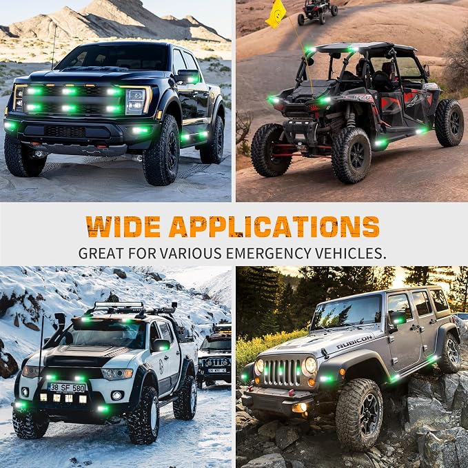 8PCS Sync Grill Strobe Lights 32 LED Green White Emergency Lights | Grille Surface Mount Warning Safety Hazard Caution Light for Tow Plow Trucks Construction Vehicles, Car, ATV, UTV, Motorcycle