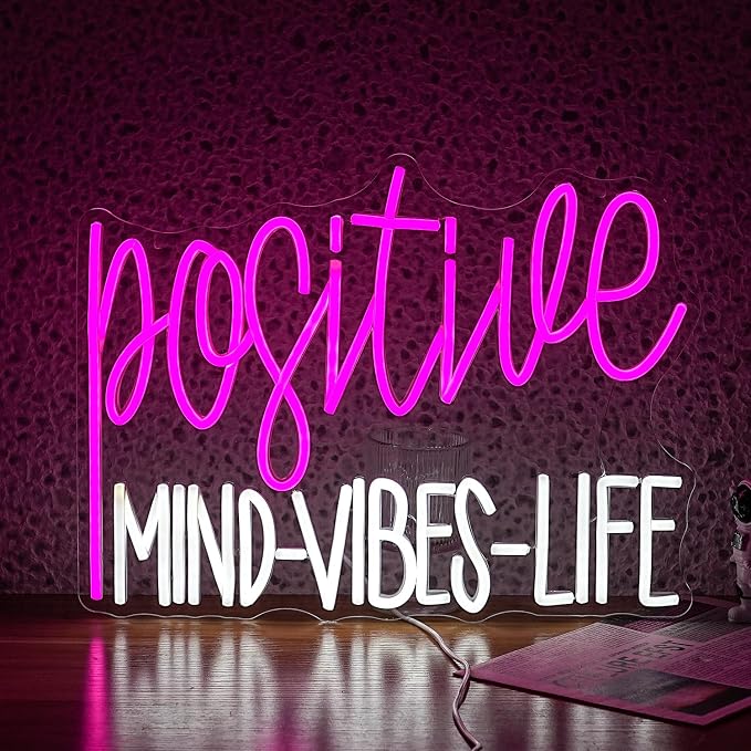 Positive Mind Vibes Life Neon Sign Pink White LED Neon Light for Wall Decor Dimmable Positive Light Up Sign for Classroon Office Girls Living Room Home Bar Club Salon (16.5''*12.6'')
