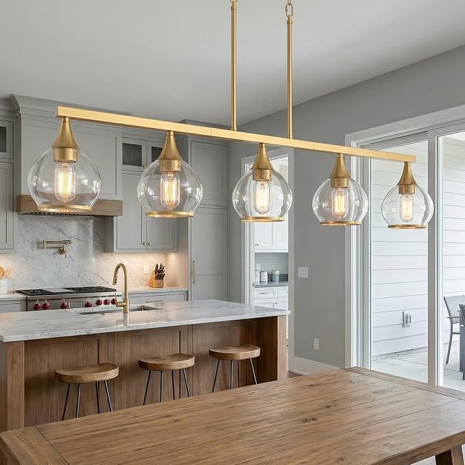 Kitchen Island Linear Pendant Light, 5-Light Gold Dining Room Chandelier with Clear Glass Globe Shades, Modern Linear Lighting Fixture Over Table