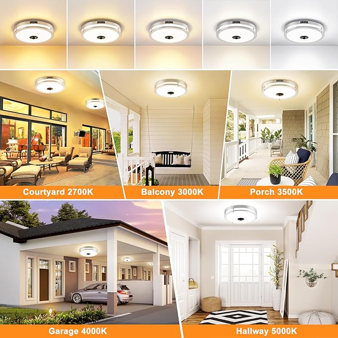 24W LED Motion Sensor Outdoor Ceiling Light, 12IN 2700K/3000K/3500K/4000K/5000K Adjustable Ceiling Lights, Dusk to Dawn Flush Mount LED Ceiling Light Fixture for Porch, Garage, Nickel