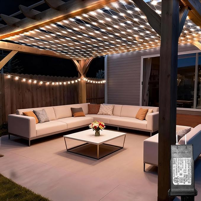 Lovelite 10ft x 10ft Net Lights, 280LED Gazebo Lights Outdoor 8 Modes Timer, Waterproof Connectable Christmas Light Clear Wire Large Size for Bushes Patio Pergolas Garden Holiday Party - Cool White