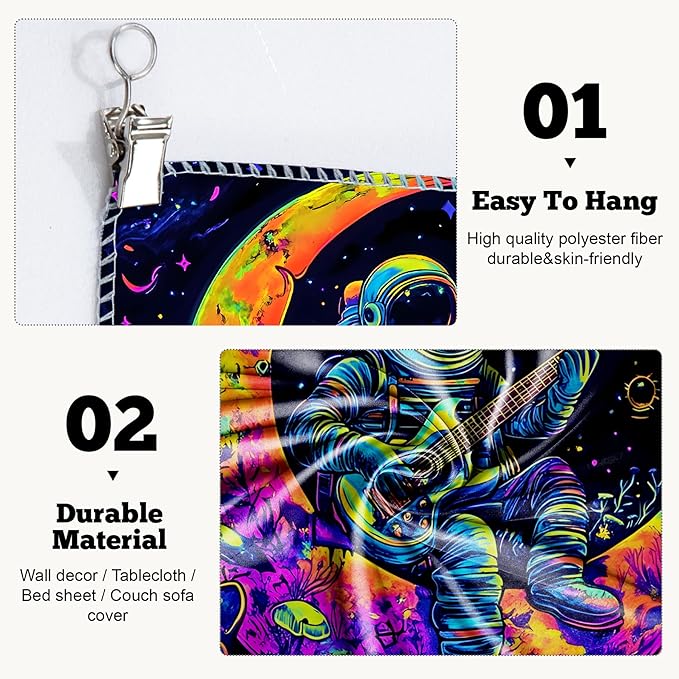 BVBOX Blacklight Space Astronaut Tapestry UV Reactive Galaxy Planet Glow in Dark Tapestries Black Light Poster Neon Wall Hanging Art for bedroom Living Room (Astronaut & Guitar-1M)