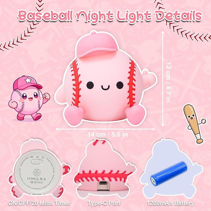 Softball Night Light, Softball Gifts for Girls, Soft Silicone Nursery Dimmable LED Lamp, Touch Rechargeable Bedroom Decor for Kids Baby Teen Athlete Sports Lover, Bedside Birthday Xmas Gifts Idea