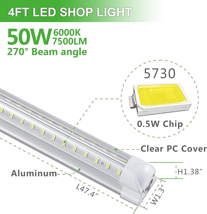 Skymoatled 4Pack 4FT LED Shop Light Garage Lights,50W 6000K 7500LM White Light,Hanging/Surface Mount,Plug and Play,Linkable T8 LED Shop Lights,Commercial Bay Lighting for Warehouse Workshop Basement