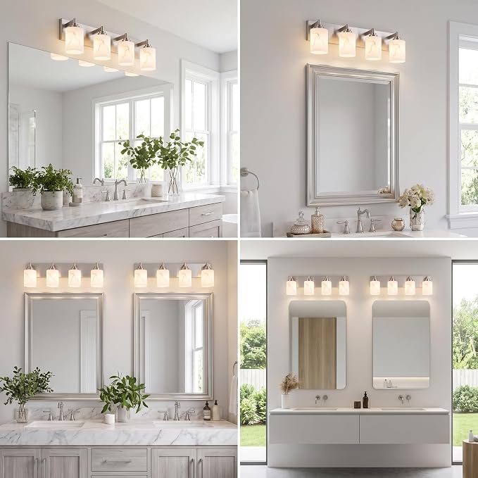 4-Light Bathroom Light Fixture, Brushed Nickel Modern Vanity Light with White Marble Glass Shade, for Bathroom Mirror, Living Room, Bedroom, Hallway, E26 Base, Extended Base