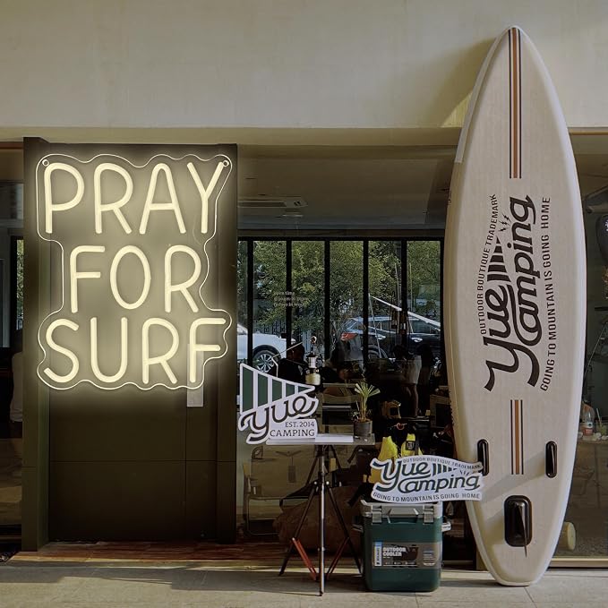 Pray for Surf Neon Signs for Wall Decor,Dimmable Beach Ocean Lovers Surf Sign,USB Powered Neon Light Signs for Surfer Man Cave Bedroom Teens Boys Girls Gifts (White)