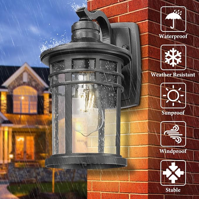 Darkaway Outdoor Porch Lights Wall Mount, Outdoor Light Fixtures Sconces Wall Lighting with Seeded Glass Waterproof Exterior Lights for Patio Yard House Hallway Doorway Garage(2 Pack, Black)