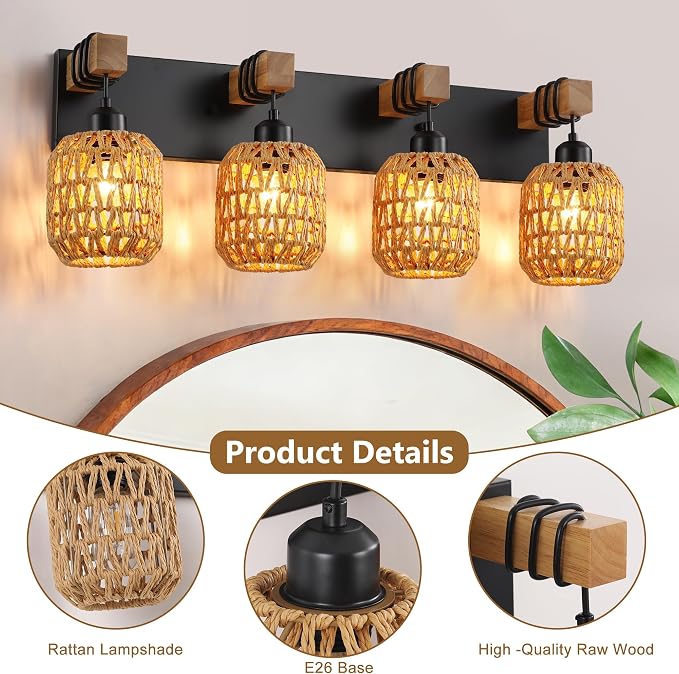 LmnLvn 4-Light Bathroom Vanity Light, Boho Farmhouse Rattan Handwoven Shade | Wood & Metal Frame, Rattan Vanity Light Design, Mounted Over Mirror, Easy To Install for Restroom, Bedroom & Hallway