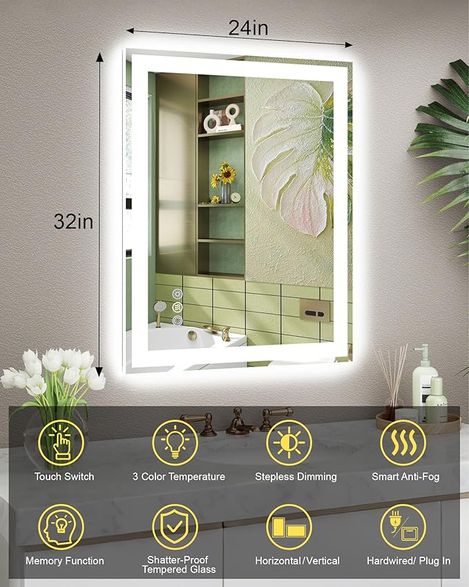 24x32 LED Bathroom Mirror with Lights, Super Bright Front & Backlit Vanity Mirror for Wall, Anti-Fog & Memory Smart Mirror, 5mm Shatter-Proof Tempered Glass, ETL Listed, Vertical/Horizontal