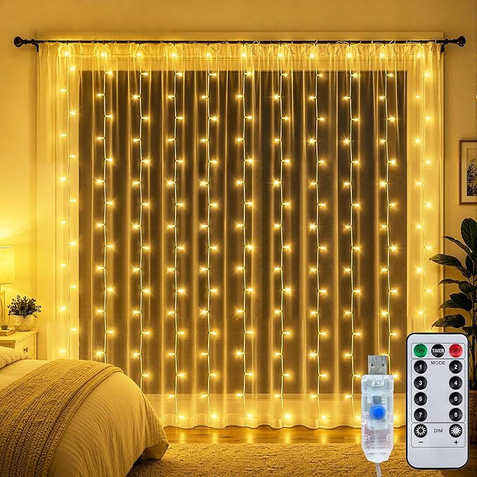 Curtain String Lights Indoor, 200LED 6.6 * 6.6FT USB Plug-in Window Curtain Lights with Timer and 8 Modes, Waterproof Warm White Curtain Fairy Lights for Bedroom Room Wedding Outdoor Decor