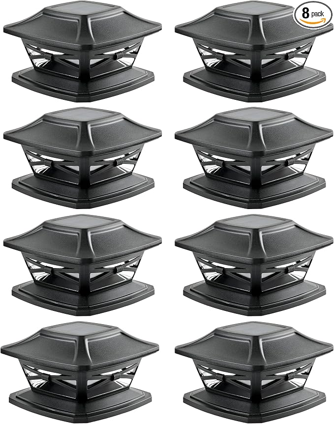 Flexfit Solar Outdoor Post Cap Lights - Includes Bases for 4x4 5x5 6x6 Wooden Posts - Bright LED Light - Slate Black (8 Pack) | Slate Black, Wooden Posts, fence/deck/garden/patio, UV fade-protected plastic, auto-on, 7-8h, cordless, IP44, 25lm warm white