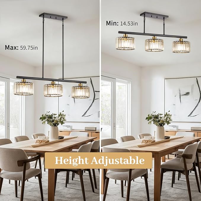TALOYA Pendant Lights Kitchen Island Black and Gold, 3-Light Crystal Pendant Light Modern, Height Adjustable Chandelier Hanging Island Light Fixtures for Kitchen Dinning Room(Bulb Not Included)