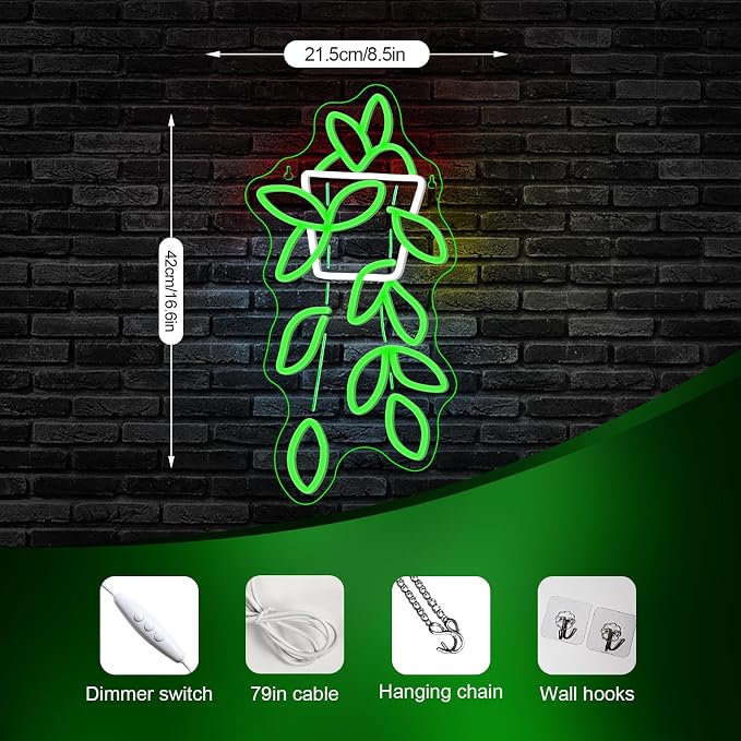 Pothos Pots Neon Sign Botanical LED Wall Decor for Plant Shops, Home Gardens & Green Spaces, USB-Powered with Adjustable Brightness Design