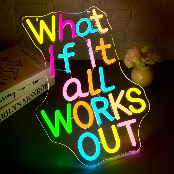What If It All Works Out Neon Sign for Wall Decor | Dimmable inspirational neon light, gym office classroom bedroom decor, wall gift for teenagers, size 14.6*10.6 in