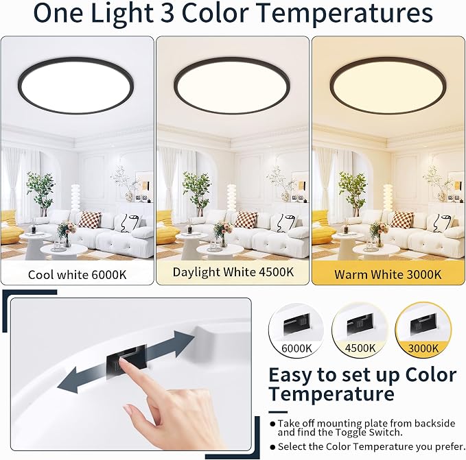 MOONSEA Dimmable Flush Mount Ceiling Light 16 Inch Kitchen Light Fixture | 3000K/4500K/6000K , 28W 2800LM, 0.71 in Low Profile Ceiling, Brightness Dimmable with Dimmer, Installation Takes 20 minutes