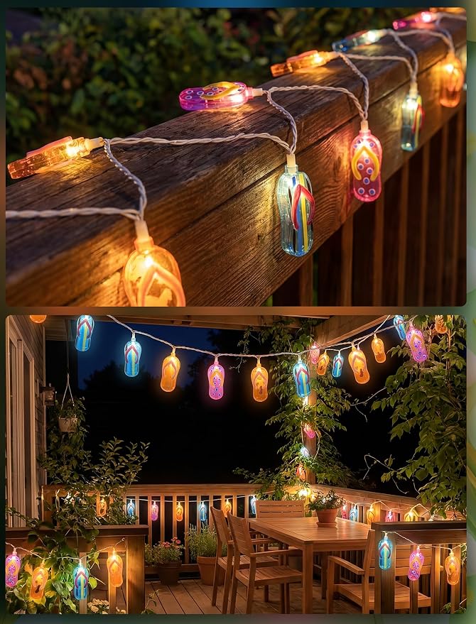 10 LED Tropical Beach Flip Flop Lights, 8.5Ft Slipper Camping String Lights | Plug in, Connectable, 10 Multicolor Hanging Fairy Lights, Summer Hawaiian Decoration for Outside Party Garden Home Decor