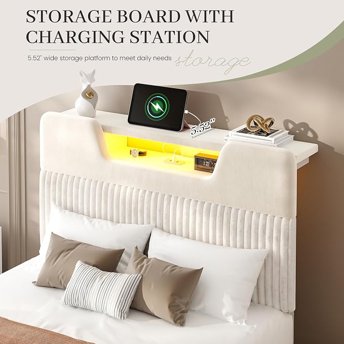 Homkdom Twin Bed Frame with Charging Station & Storage Headboard,White | 1USB-C & 2USB-A Charging, RGB LED Lights,7.78" Under-bed Storage,Velvet Upholstered Headboard,No Box Spring,Easy Assembly.