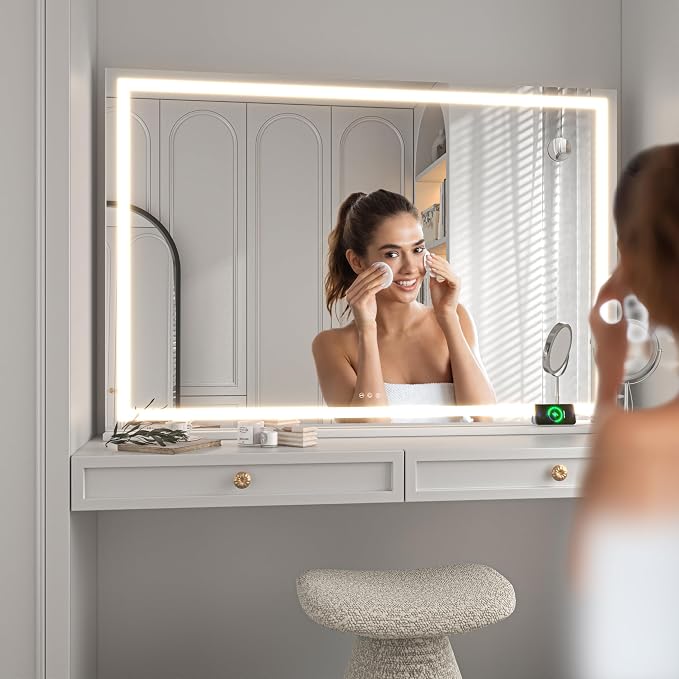 Hasipu Vanity Mirror with Lights, 42" x 30" LED Makeup Mirror, Lighted Makeup Mirror with Dimmable 3 Modes, Touch Screen Control Vanity Mirror Square White