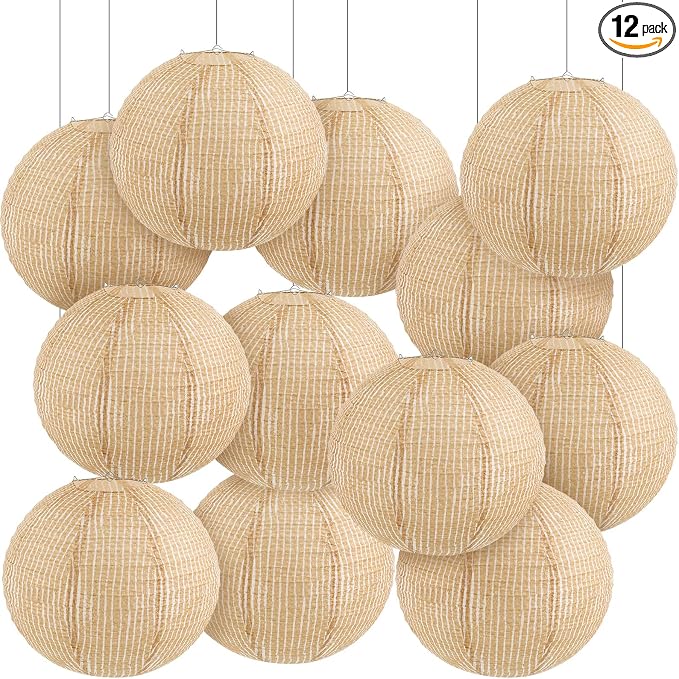 12 Pcs Print Burlap Paper Lanterns Round Chinese Paper Lanterns Farmhouse Boho Classroom Home Decor Classroom Sweet Birthday Party Ceremonial Event (16 Inch)