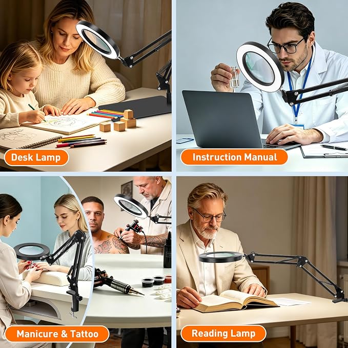 KIRKAS 12X Magnifying Glass with Light and Stand, 2-in-1 Real Glass Lens | Magnifying Desk Lamp with Clamp, 3 Color Modes Stepless Dimmable Magnifier Light for Repair, Reading, Craft, Sewing - Black