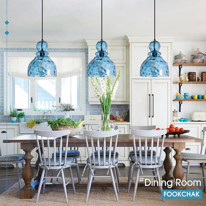 Coastal Pendant Light Blue Hammered Glass Kitchen Island Lights 10in Large Pendant Hanging Light for Dining Room Kitchen Sink Hallway Entrance, E26