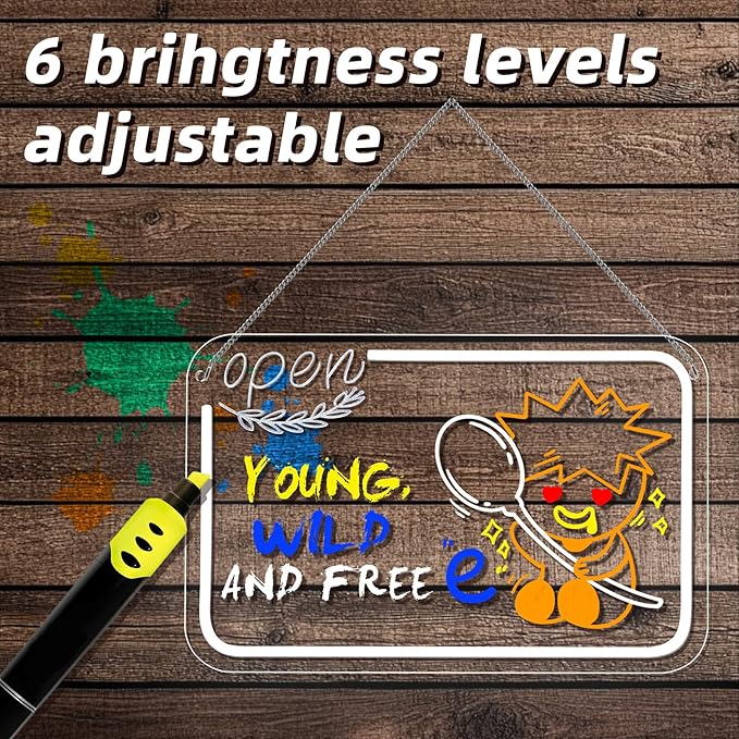 NOSUN OPEN LED Note Board 14.6*9.5” Acrylic Dry Erase Light Up Message Board with Chain and Stand, for Bar Salon Coffee Stores Club Hotel Kids With 7 Color Markers Glow Rewritable Memo Drawing Writing Board