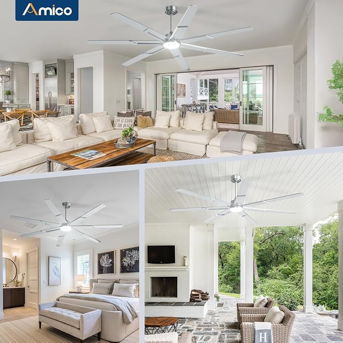 Amico 66 Inch Ceiling Fans with Lights and Remote, Nickel | 6 Speed Reversible DC Motor, 3CCT, Dimmable, Quiet, Timer, Large Modern Ceiling Fan for Living room, Indoor/Outdoor