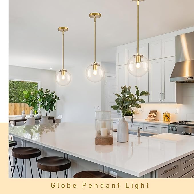 8" Globe Pendant Light Gold 2 Pack Mid Century Pendant Light Globe Pendant Lights Kitchen Island Brushed Brass Finished with Clear Glass Adjustable Ceiling Light Fixtures for Dining Room Bar