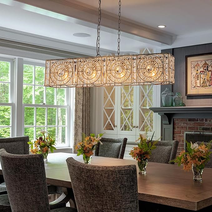 4-Lights Rectangle Crystal Chandelier for Dining Room, 42.12" Vintage Bronze Finish Large Chandeliers for High Ceilings, Flush Mount Pendant Light for Living Room Kitchen Island Bar