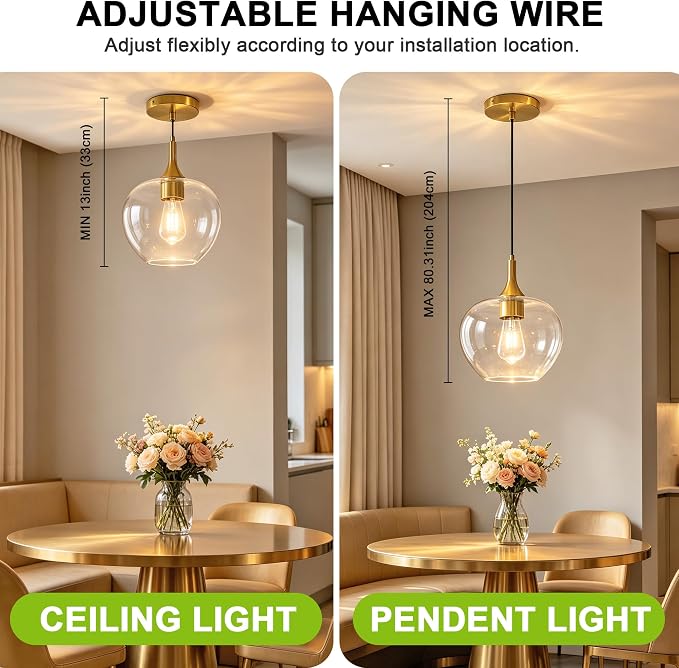 9.45in Gold Pendant Lights Kitchen Island with Clear Glass Shade 2Pack | Handcrafted Glass Pendant Light Fixtures, UL Certified, E26 Base 100W Max, Height-Adjustable, Dimmable Hanging Pendant Light
