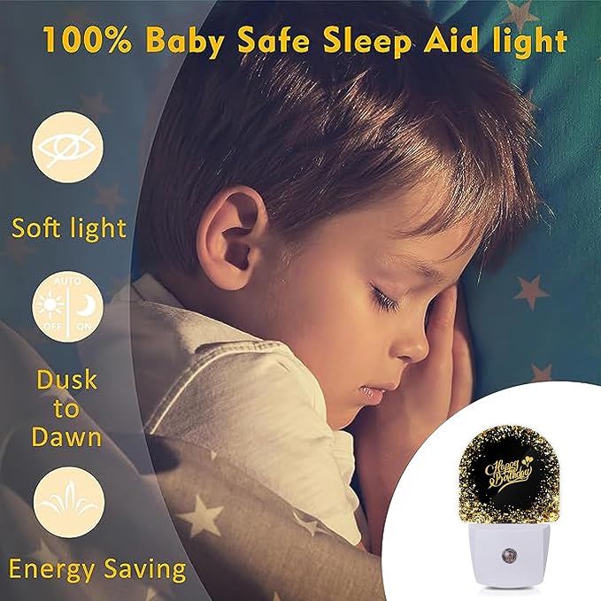 Happy Birthday Night Lights Plug into Wall for Girls Boys Room,Night Light LED Lamp Dusk to Dawn Sensor Round Lamp for Bedroom Bathroom Hallway Home Wall Decor