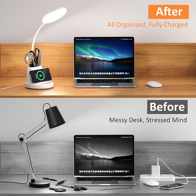 LED Desk Lamp with Wireless Charger for Home Office, White | 3 Color Modes Dimmable Eye-Caring Study Desk Light for College Dorm Room, 360° Flexible Arm, Built-in Pen Holder, 800 Lumen