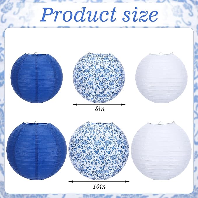 Riakrum 18 Pcs Chinoiserie Paper Lantern Set 10" 8" Blue and White Porcelain Print Round Lantern Chinese Japanese Hanging Decoration for Ceiling Wedding Birthday Party Home Decor
