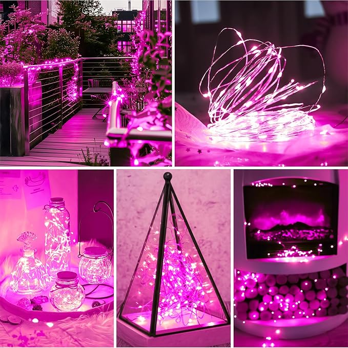 Pink Fairy Lights Battery Operated (Included), 8 Modes & Auto timer, 2 Packs 5m 50Led Mini Twinkle Silver Wire Firefly Starry lights,Waterproof Battery Operated Lights for Tree Bottle Weddings