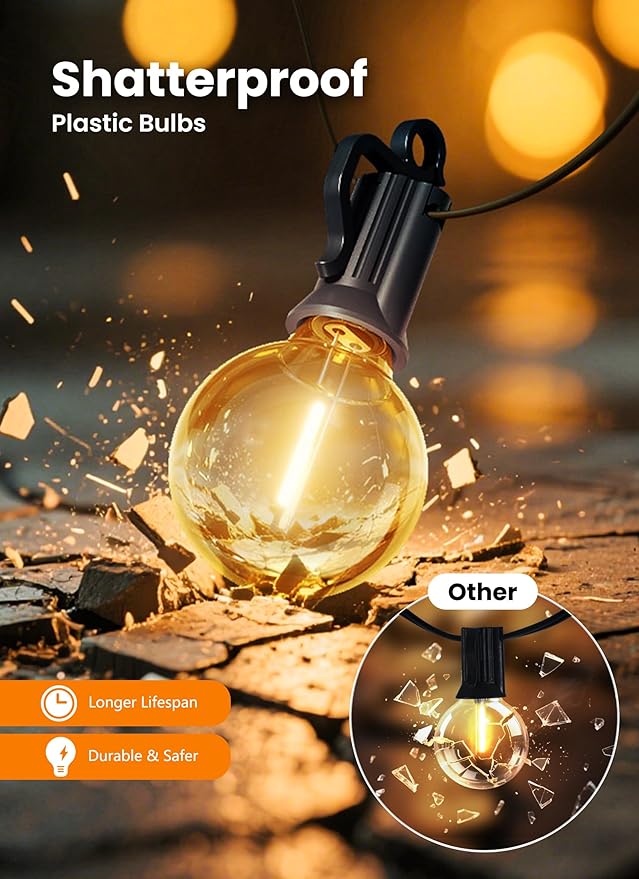 Outdoor String Patio Lights, 50FT 50 LED Patio Lights Waterproof, Connectable Shatterproof Hanging Outside String Light for Backyard, Porch, Deck, Balcony, Garden, House Decor, 2200K