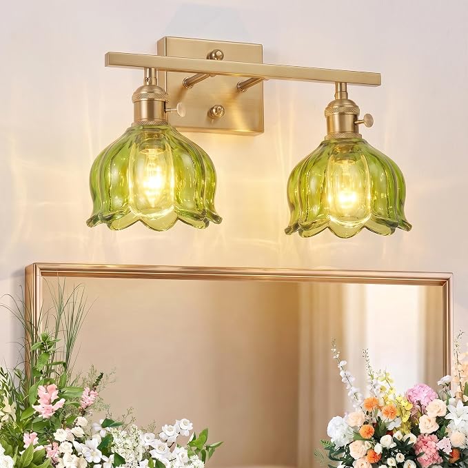 3-Light Vintage Bathroom Vanity Light, 19.4" Brass Hardwired Wall Sconce with Amber Tulip Glass Shades, Brushed Gold Vanity Light for Mirror, Restroom, Bedroom (Green, 2-Light)