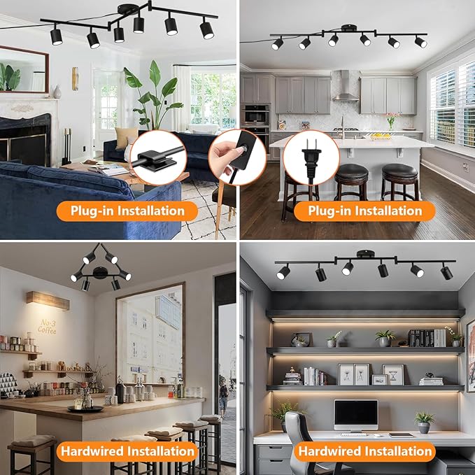 Plug in Track Lighting Kit, 120cm LED 6 Light Kitchen Track Lighting, Corded Wall Light with 16.4ft Cord, 6 Way Ceiling Spot Lighting Flexibly Rotatable Head Includes 6 x GU10 Bulb (6-Black-120cm)