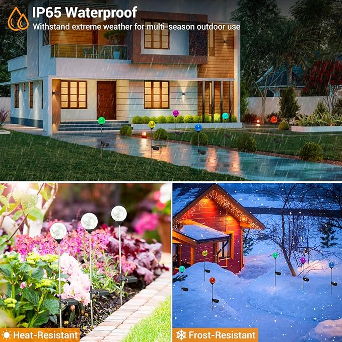 OxyLED Solar Globe Lights Outdoor 4 Pack LED Garden Stake Lights Waterproof | Cracked Crystal Color Changing Solar Pathway Lighting Auto On/Off for Landscape Patio Yard Christmas Decoration