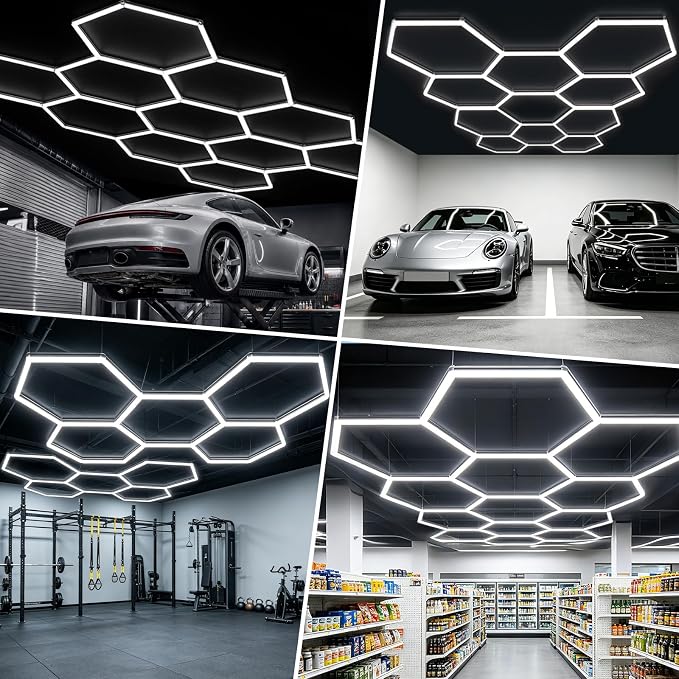 322W Hexagon LED Garage Lights 2026 Updated, 11 Grids 1.3-inch Widened Light Surface, Thickened-PC Shell, Hex LED Lighting for Garage, Car Detailing, Gym, Workshop, Basement