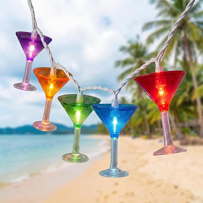 10 LED Cocktail Glass Lights, 8.5Ft Tropical Beach Camping String Lights | Plug in, Multicolor Margarita Drink Cup, Summer Hawaiian Outdoor Decor for Camping Tent Holiday Party Garden