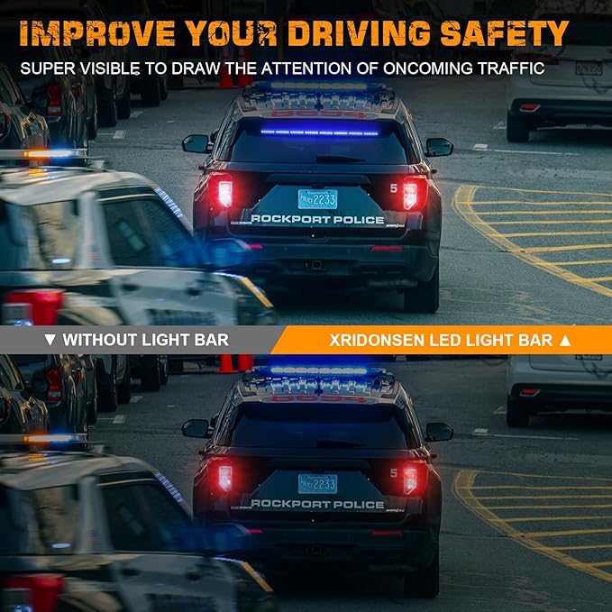 XRIDONSEN 35 inch Traffic Advisor Light Bar 48 LED Blue Emergency Lights Safety Flashing Warning Strobe Lights Front/Rear Window w/Display Controller for Police Firefighter Ambulance Vehicles Trucks