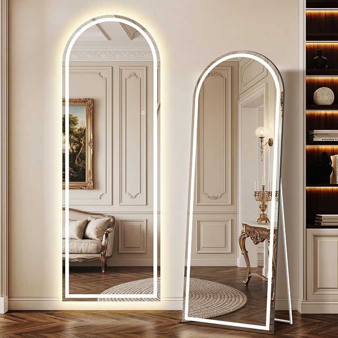 LED Arched Full Length Mirror, 70"x24" Full Body Mirror with Lights, Dimmable & 3 Color Lighting, Standing/Leaning/Wall Mounted Vanity Mirror for Bedroom, Dressing Room, Living Room