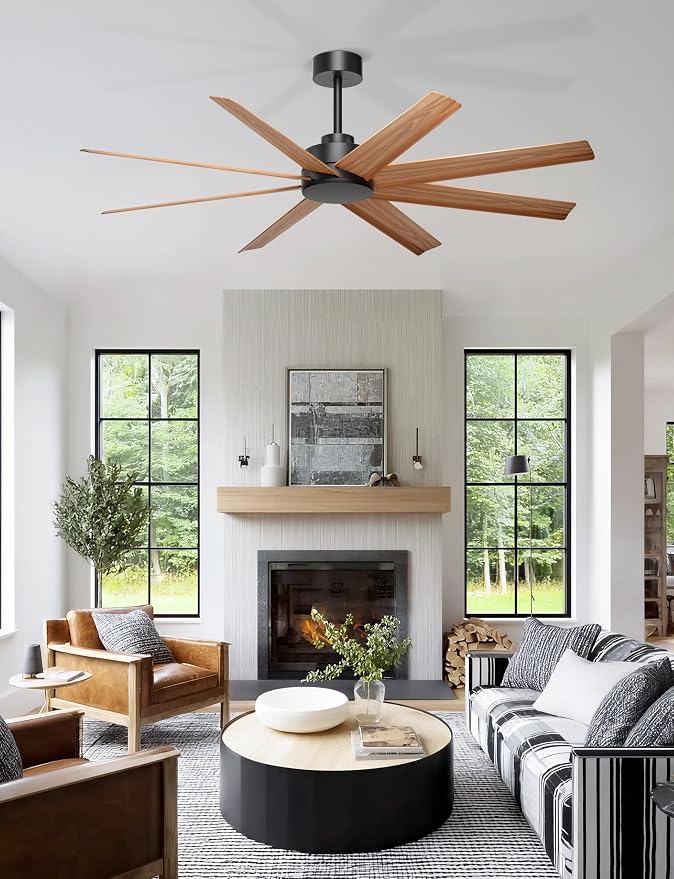 Ohniyou 60" Modern Farmhouse Ceiling Fan No Light for Patio, Porch, Deck | Remote/App Control, Quiet DC Motor, Covered Outdoor Fan with 8 ABS Blades, Black and Wood Color