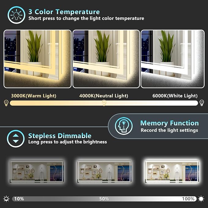 88x38 LED Bathroom Mirror, Backlit & Front Lit Lighted Mirror | Anti-Fog Vanity Mirror with Lights, 3 Color Dimmable, Memory, Shatterproof, Tempered Glass, CRI95, UL Listed, Wall Mounted